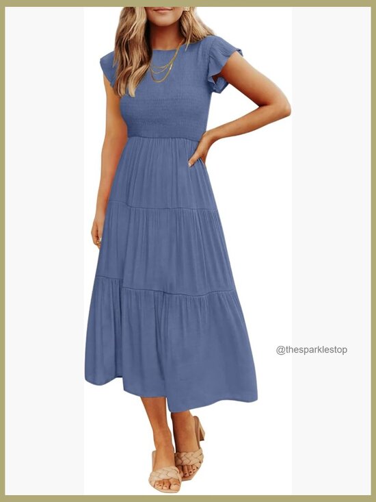 Dresses & Skirts - Flutter Short Sleeve Smocked Elastic Waist Tiered Midi Dress Casual Summer